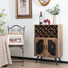 Rustic brown farmhouse kitchen storage bar cabinet with wine rack, glass holder, and metal mesh doors for stylish.