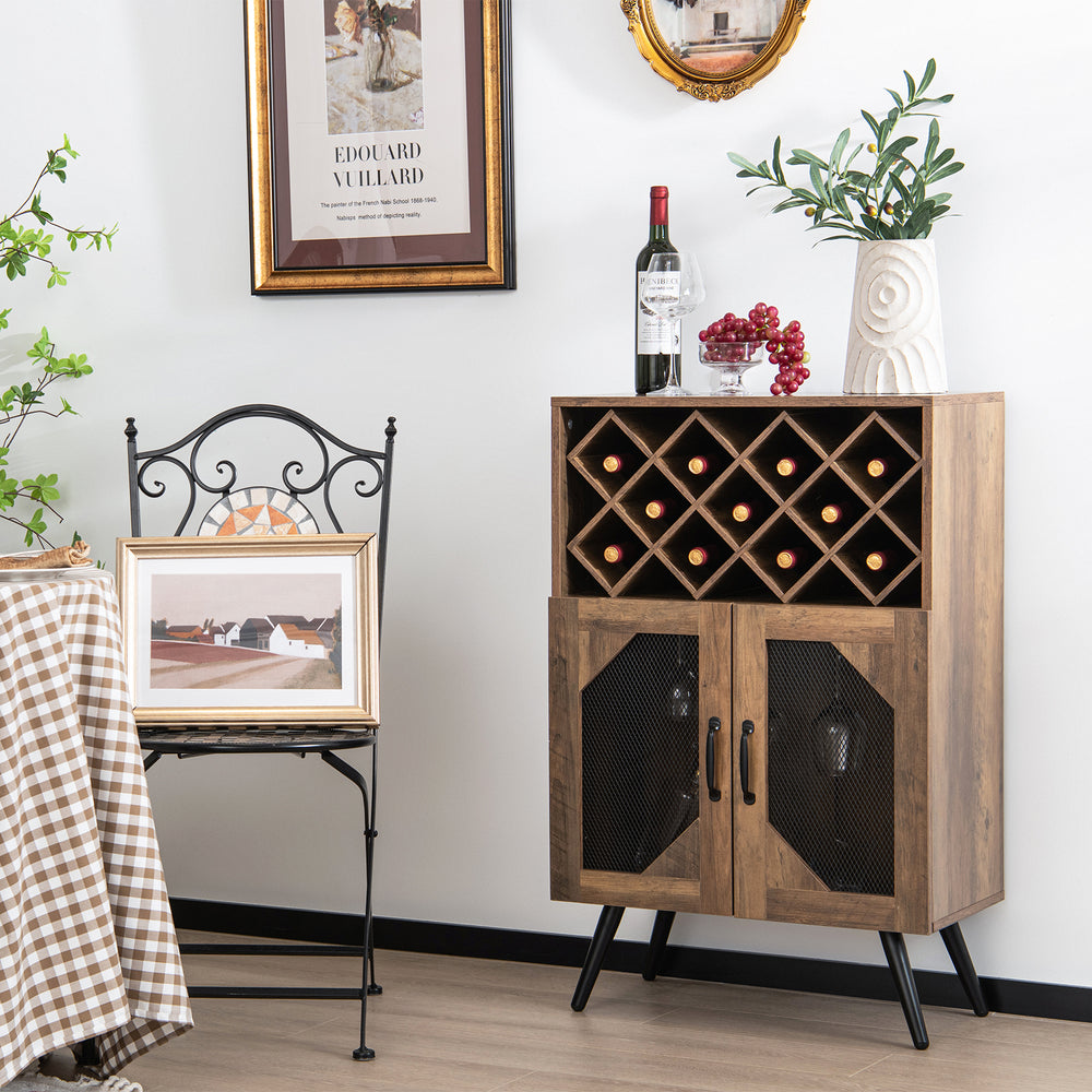 Rustic brown farmhouse kitchen storage bar cabinet with wine rack, glass holder, and metal mesh doors for stylish.