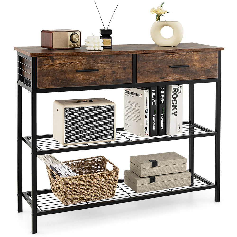39.5 Inch Entryway Table with 2 Drawers and 2-Tier Shelves-Rustic Brown - Gallery View 1 of 10
