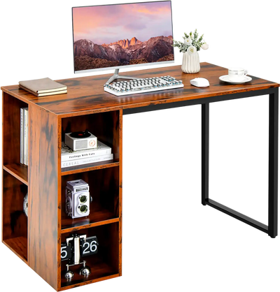 Costway Computer Desk w/ 5 Side Shelves Metal Frame Rustic Brown 96714358 New