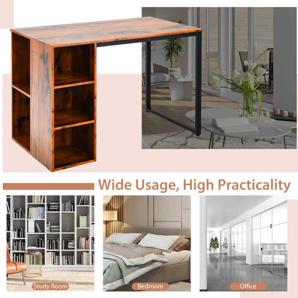 Computer desk with rustic brown finish and metal frame, featuring 5 side shelves for ample storage in a modern office.