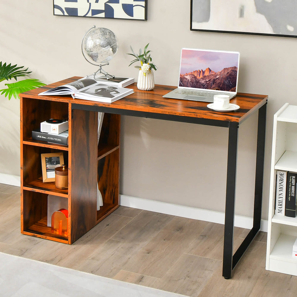 Computer desk with a rustic brown finish, showcasing a spacious top and 5 side shelves for versatile storage solutions.