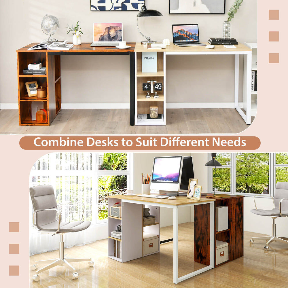 Computer desk in rustic brown with 5 side shelves, metal frame, and spacious workspace for home office use.