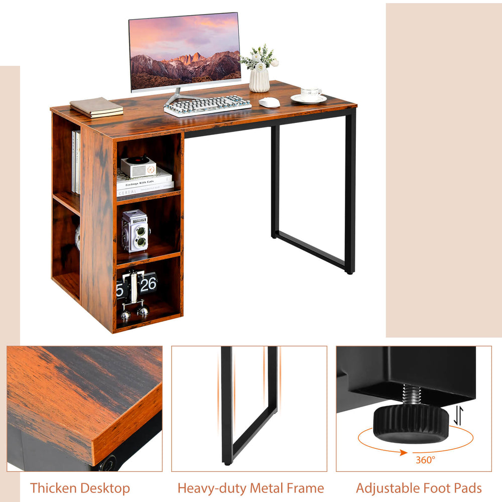 Computer desk in rustic brown with 5 side shelves and solid metal frame, ideal for home office use.