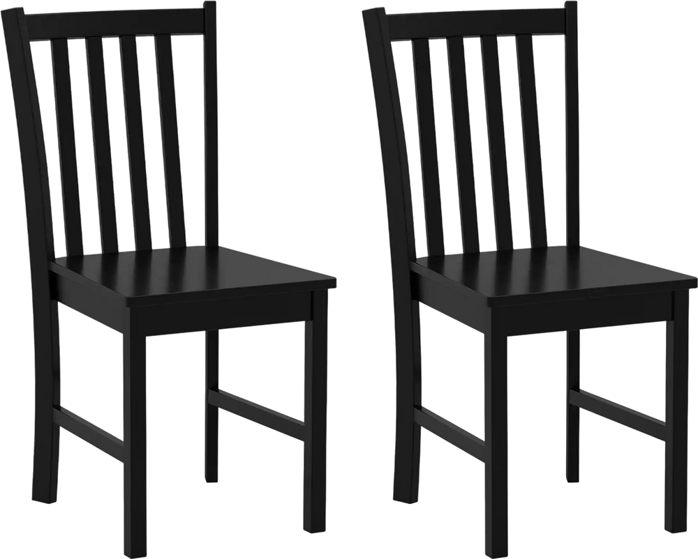Set of 2 black rustic dining chairs with slat backrest, crafted from durable rubber wood for kitchen or dining room use.