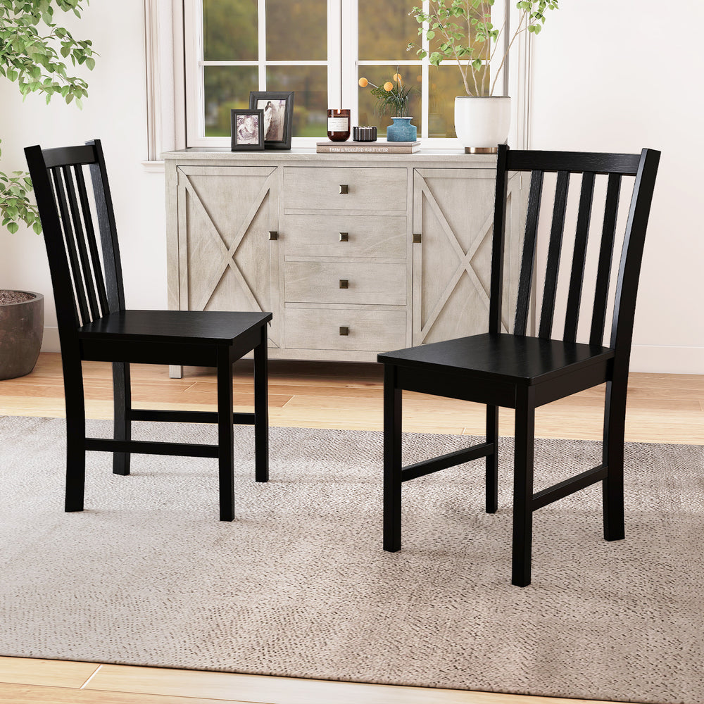 Set of 2 black wooden dining chairs with slat backrest, perfect for kitchen or dining room decor and comfort.