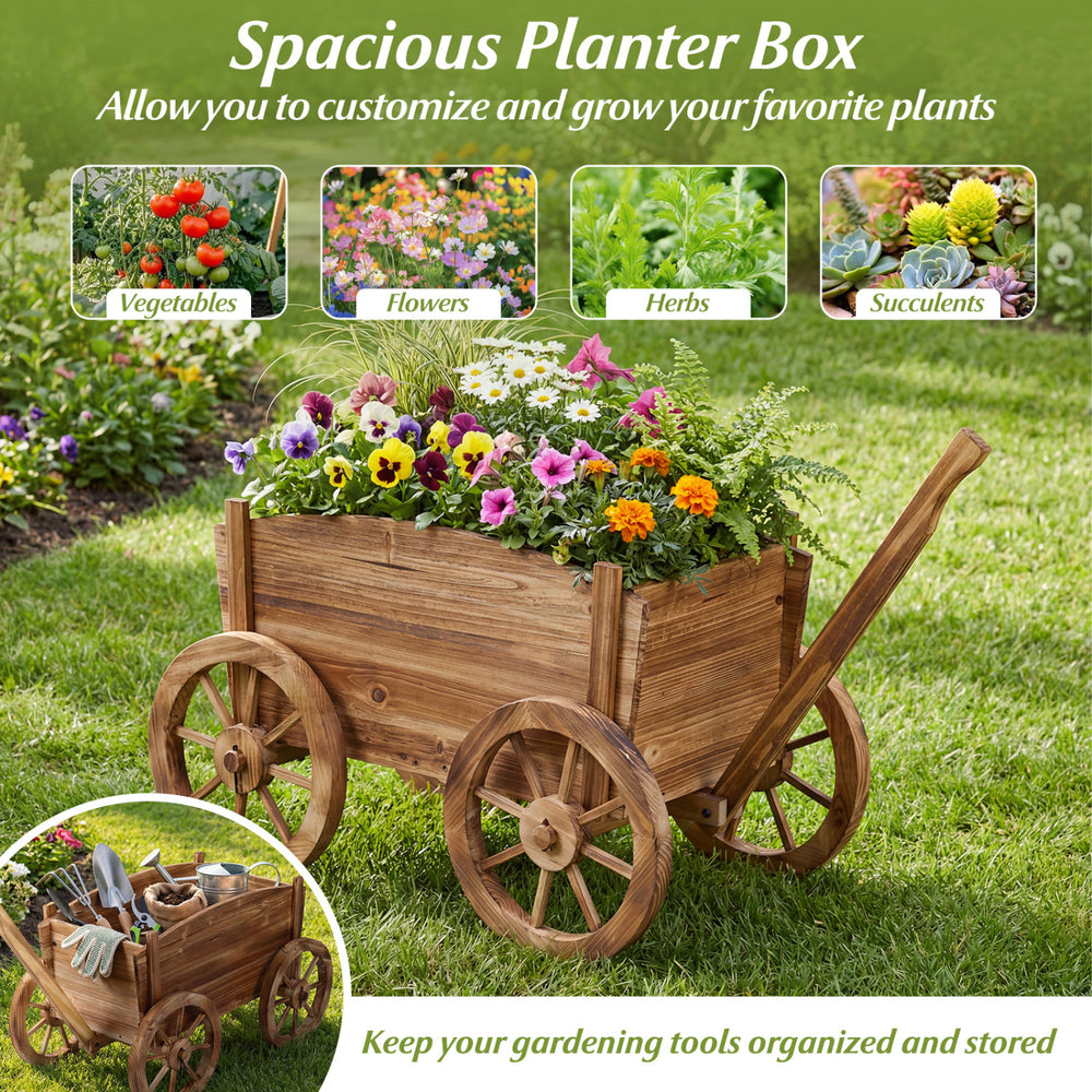 Rustic rolling flower pot stand with wheels, made of fir wood, ideal for planting vegetables, flowers, and herbs.
