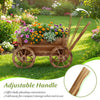 Rustic rolling flower pot stand with wheels, adjustable handle, and vibrant flowers, perfect for garden decoration.