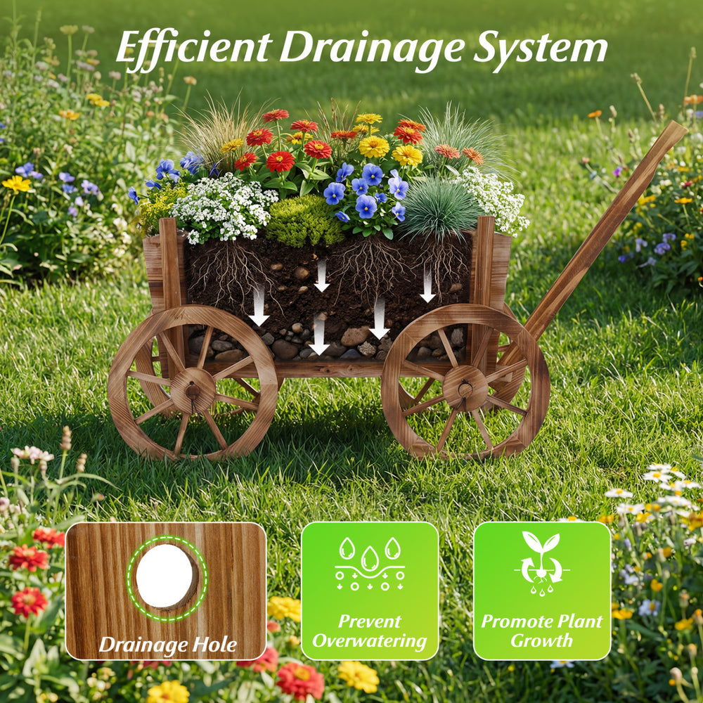 Rustic rolling flower pot stand with wheels, made of fir wood, featuring a drainage hole for healthy plant growth.