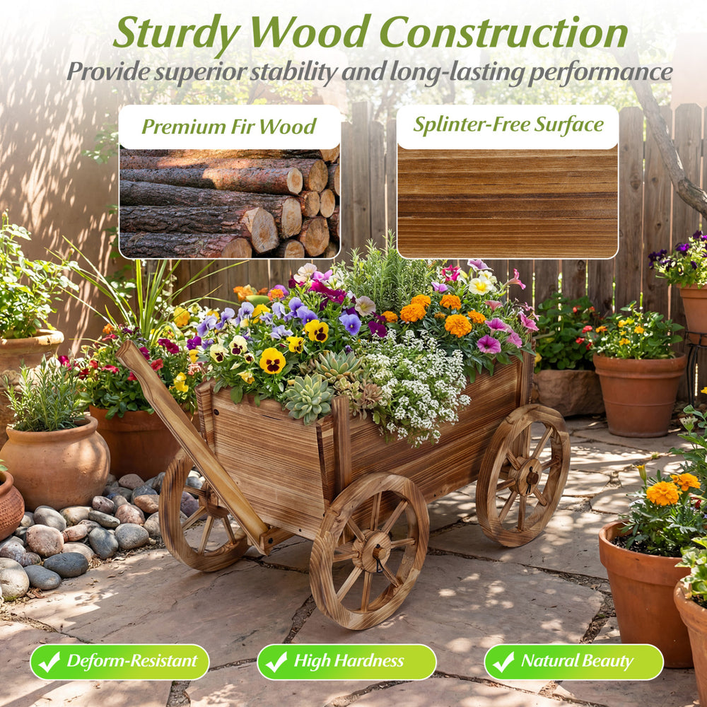 Rustic rolling flower pot stand made of premium fir wood with wheels and handle, perfect for decorative gardening.