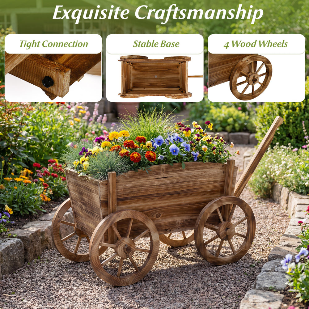 Rustic rolling flower pot stand with wheels, made of fir wood, featuring a vintage wagon design for garden decoration.
