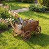 Rustic rolling flower pot stand in fir wood with wheels and handle, ideal for gardening and decorative use.