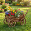 Rustic rolling flower pot stand made of fir wood, featuring vibrant flowers, wheels, and an adjustable handle for easy.