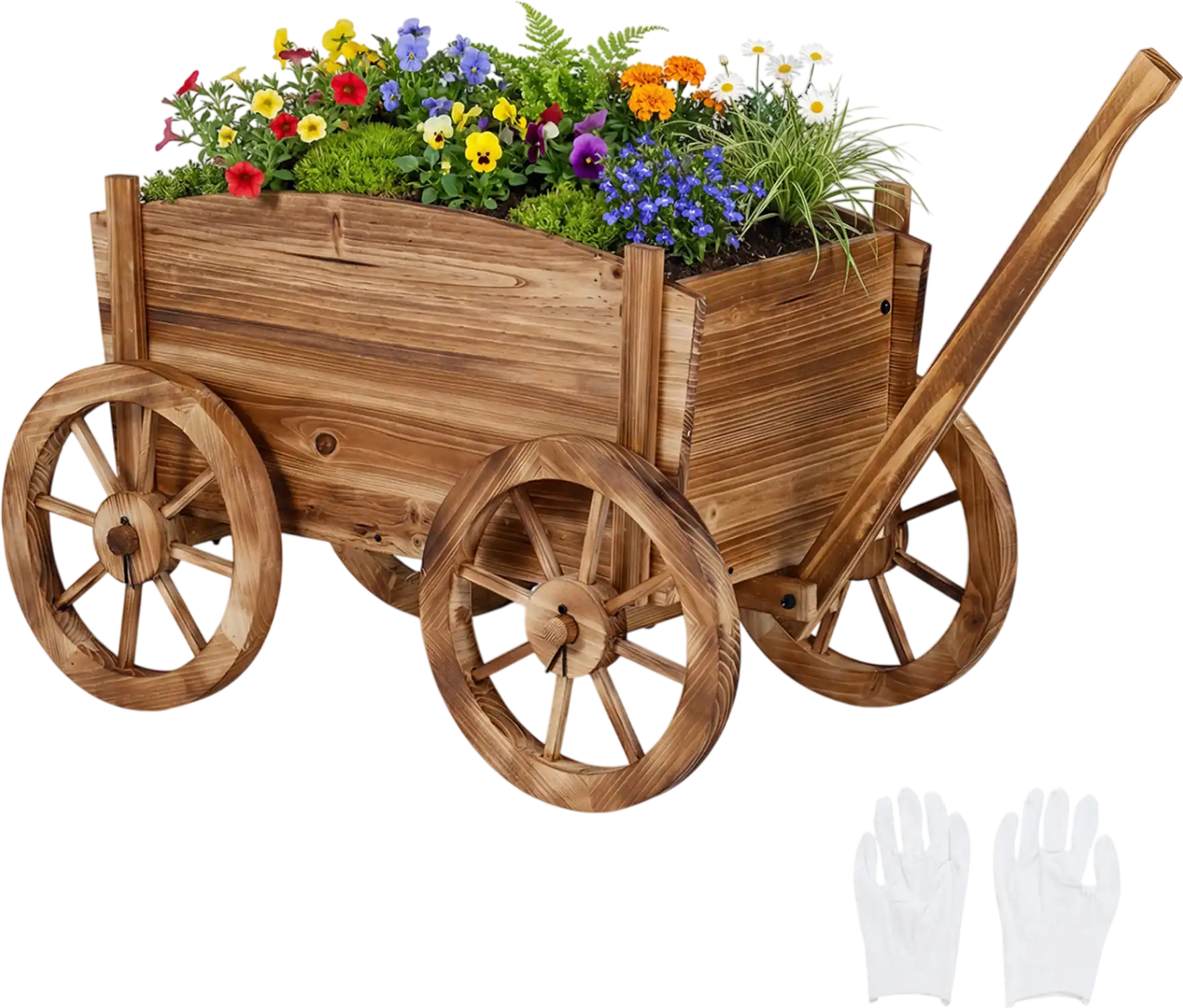Costway Rustic Rolling Wooden Wagon Planter Flower Pot Stand w/ Wheels Handle 42639827 New
