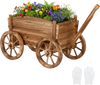 Rustic rolling flower pot stand made of fir wood, featuring a wagon cart design, large wheels, and a spacious planter.