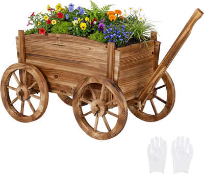 Costway Rustic Rolling Wooden Wagon Planter Flower Pot Stand w/ Wheels Handle 42639827 New
