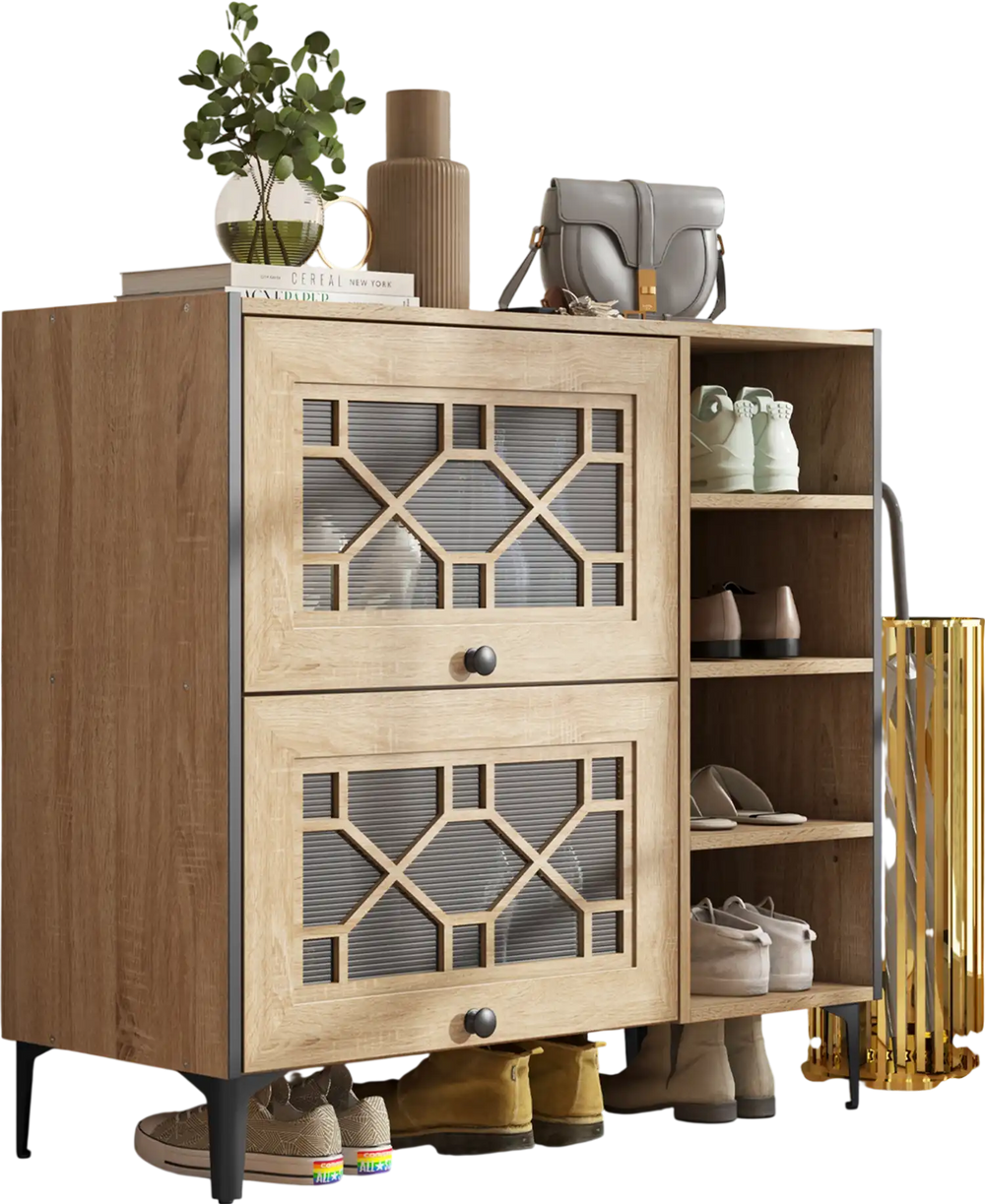 Rustic shoe cabinet with flip-up see-through doors, adjustable shelves, and open storage for entryway organization.