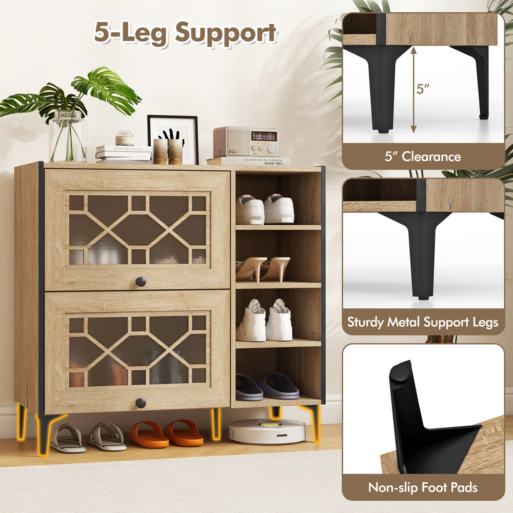 Rustic shoe cabinet with flip-up see-through doors, adjustable shelves, and 5-leg support for entryway organization.