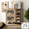 Rustic shoe cabinet with flip-up see-through doors, adjustable shelves, and anti-tipping kits for safety and style.