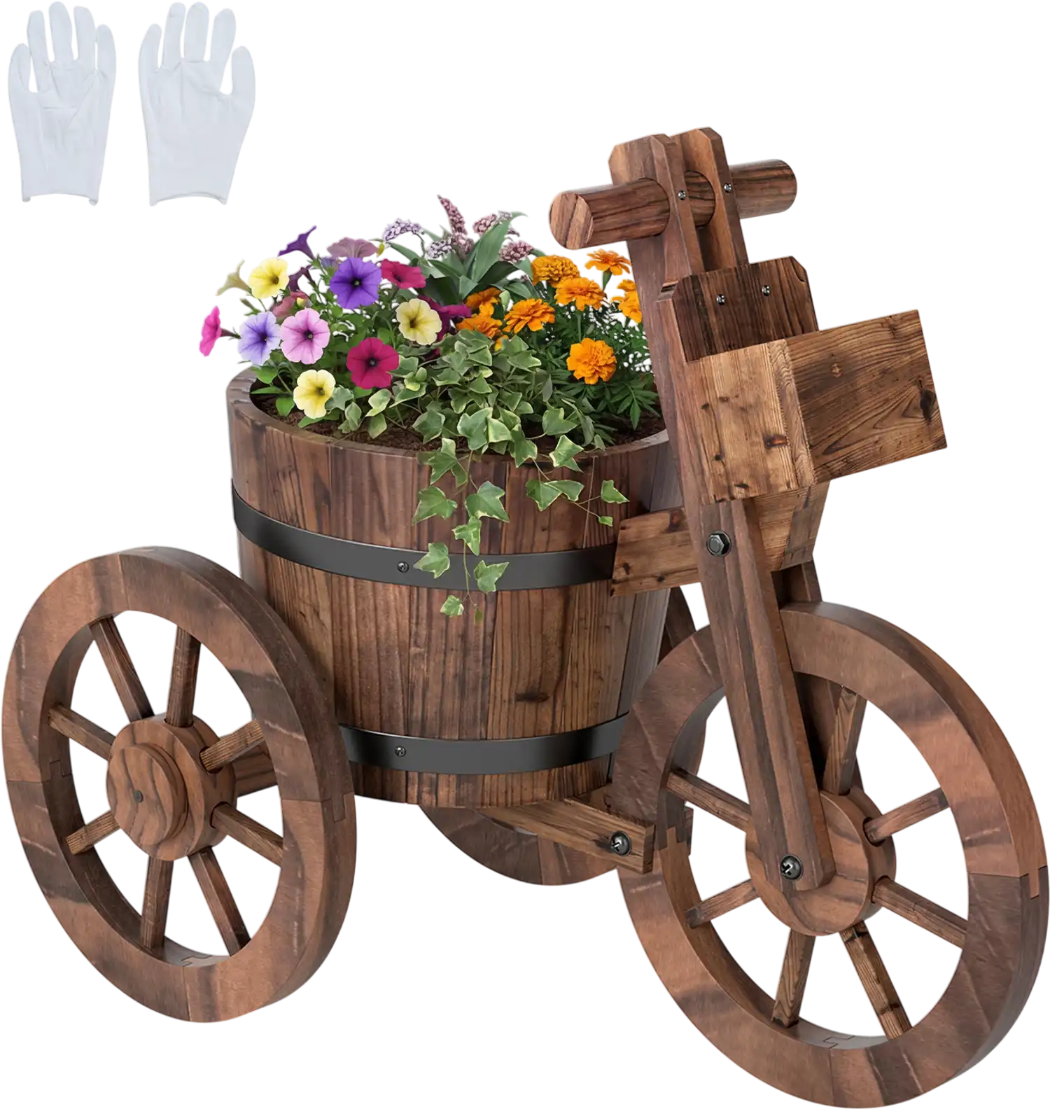Costway Rustic Wood Tricycle Planter w/ Wheels Storage Box 73518931 New