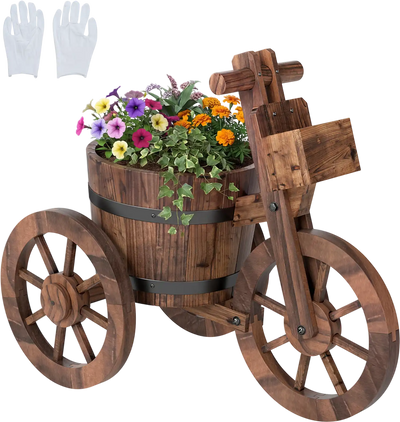 Costway Rustic Wood Tricycle Planter w/ Wheels Storage Box 73518931 New