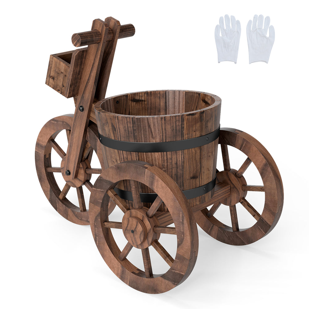 Rustic wood tricycle planter with wheels, crafted from fir wood, featuring a storage box for tools and antique.