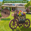 Rustic wood tricycle planter with wheels, built-in drainage holes, perfect for flowers and herbs in outdoor spaces.