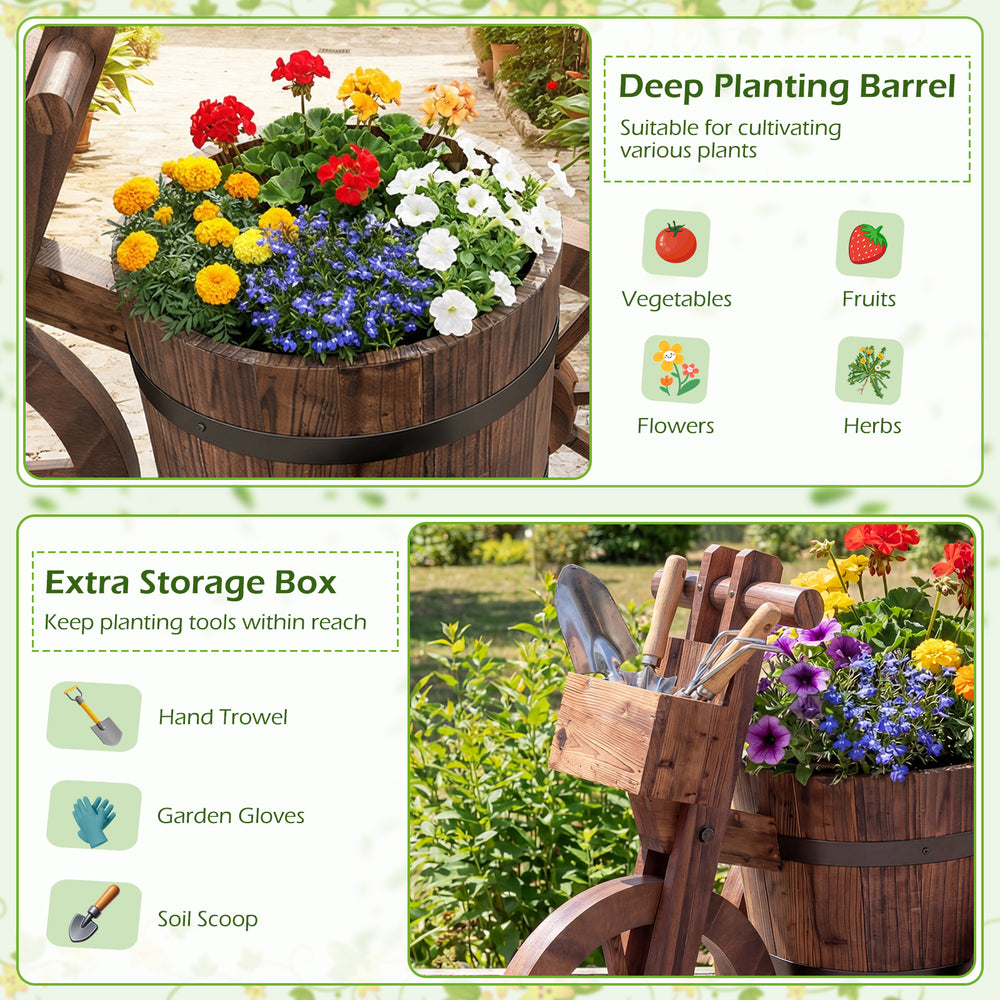 Rustic wood tricycle planter with wheels, featuring a storage box, ideal for growing flowers and herbs outdoors.