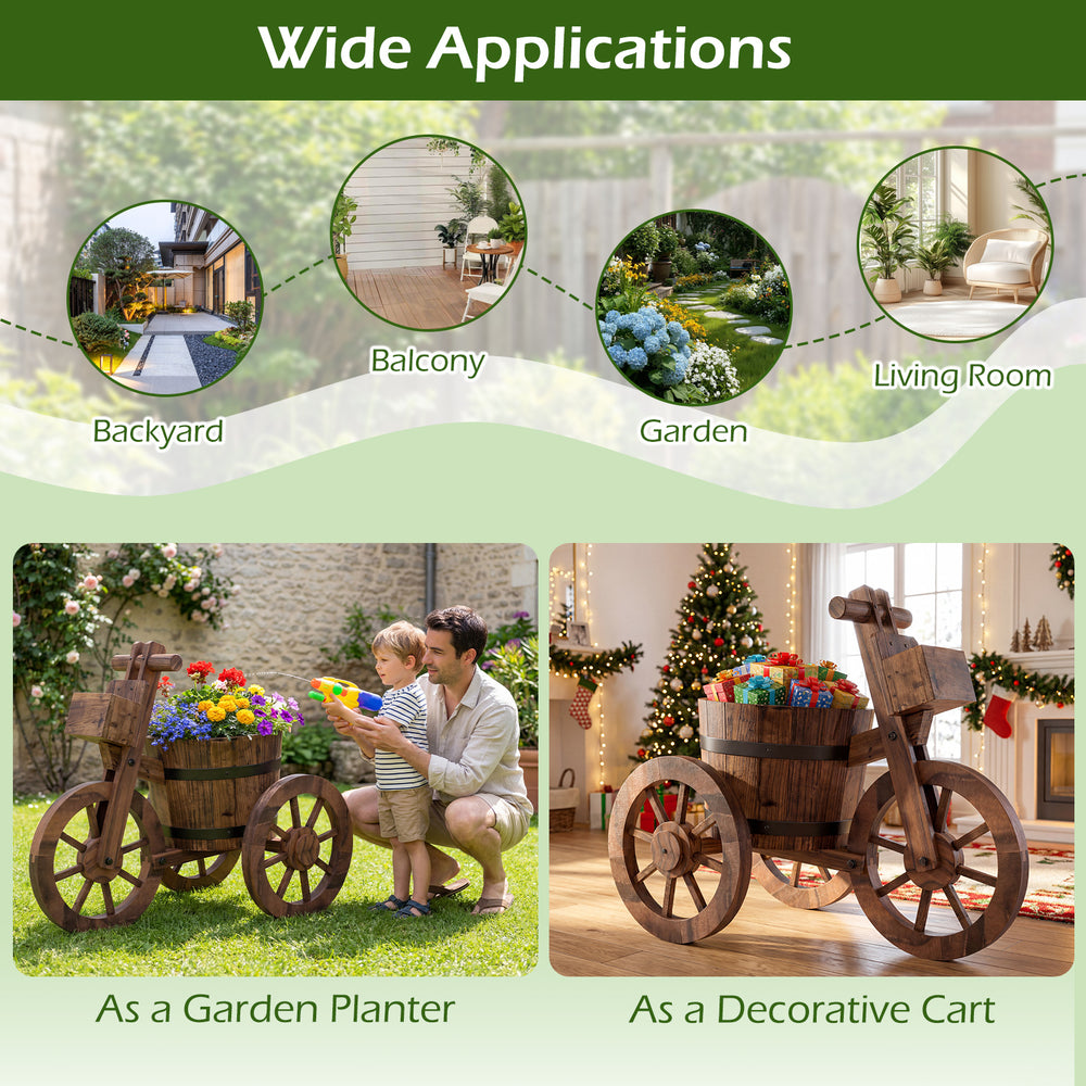 Rustic wood tricycle planter with wheels, crafted from fir wood, ideal for flowers and herbs in outdoor settings.