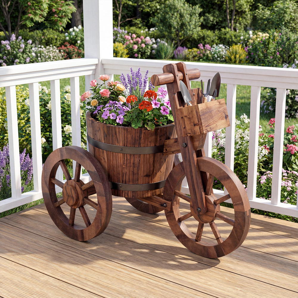 Rustic wood tricycle planter with wheels, featuring a flower pot holder and storage box for outdoor gardening.