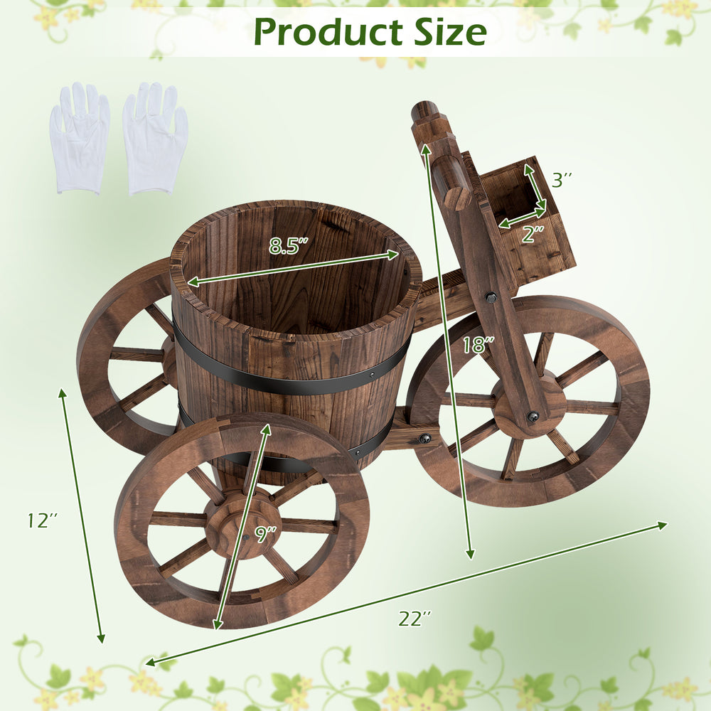 Rustic wood tricycle planter with wheels, featuring a barrel-shaped design and extra storage box for outdoor gardening.