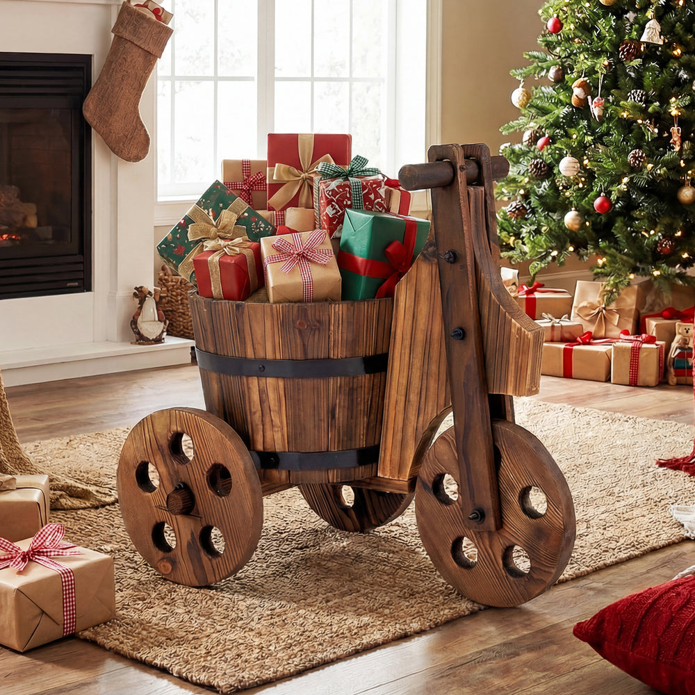 Rustic wood tricycle planter barrel cart with drainage hole, perfect for decorative use or growing plants indoors.