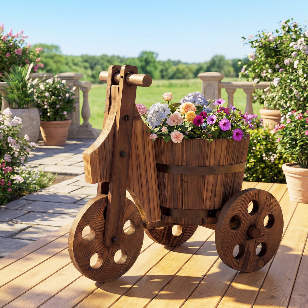 Rustic wood tricycle planter barrel with flowers, crafted from fir wood, ideal for outdoor decoration and plant growth.