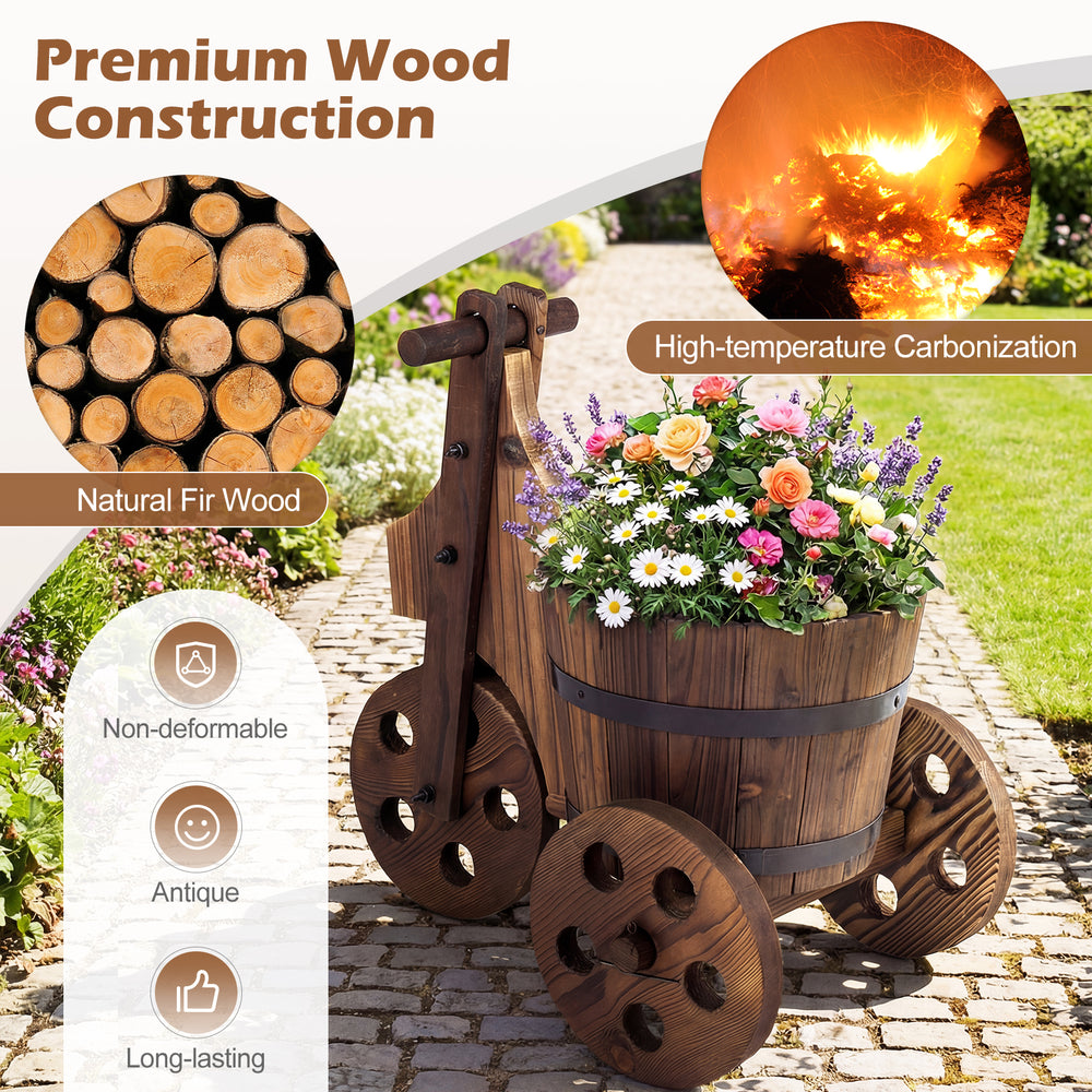 Rustic wood tricycle planter barrel made of natural fir wood, featuring a drainage hole for stable flower display.