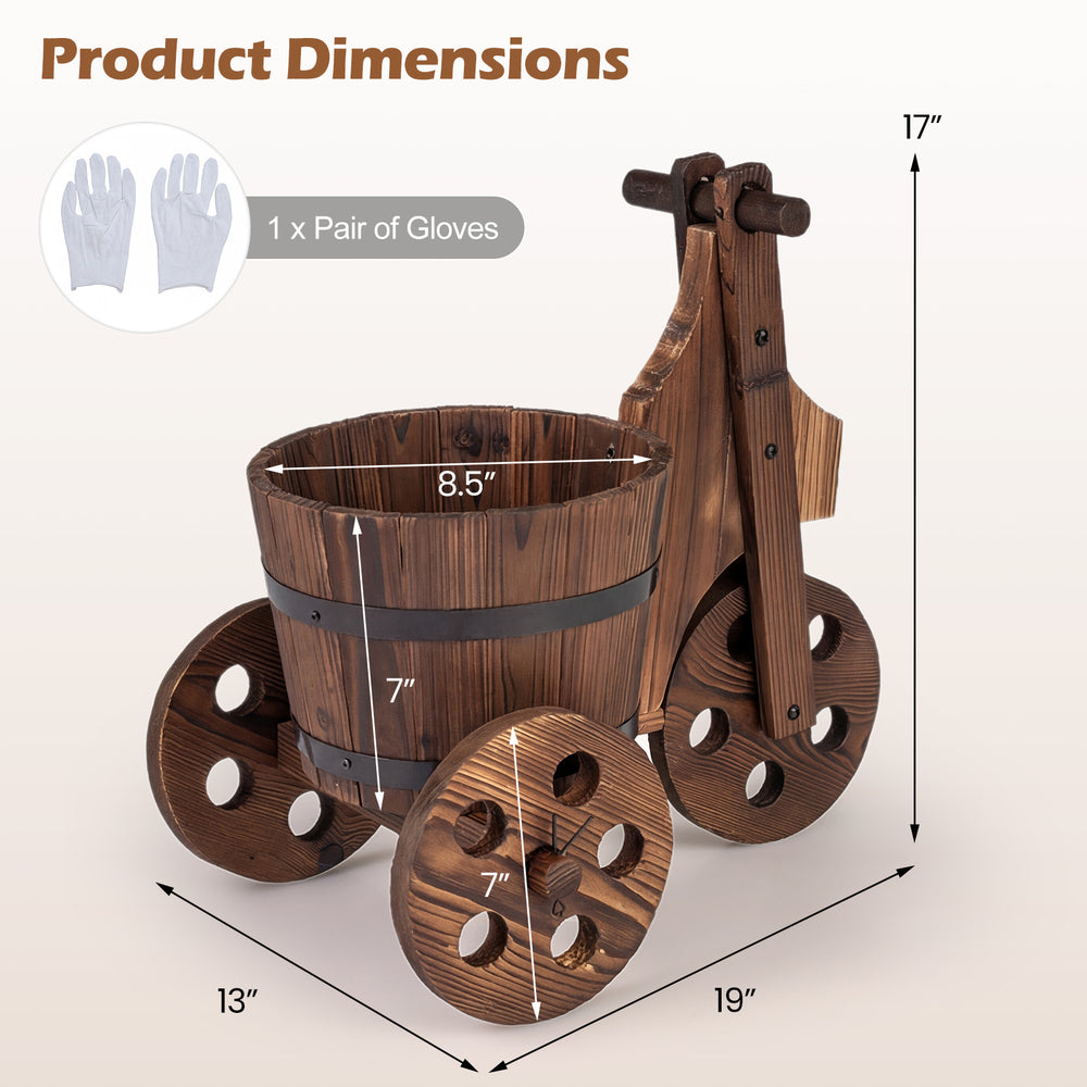 Rustic wood tricycle planter barrel flower pot cart with drainage hole, featuring a charming antique design and sturdy.