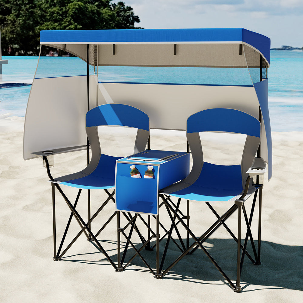 Double Beach Chair with Adjustable Canopy and 3 -Side Shading Curtains-Navy - Gallery View 1 of 10