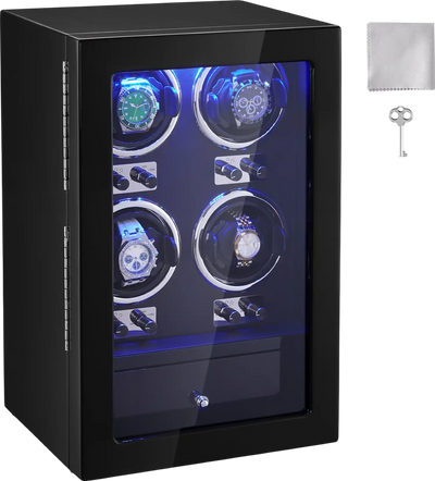 Vevor Watch Winder for 4 Automatic Watches with Ultra-Quiet Mabuchi Motors LED Light and Locking Case New
