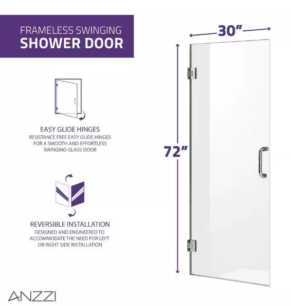 Anzzi SD-AZ09-02MB Fellow Shower Door 30" x 72" Frameless Hinged Tempered Glass New