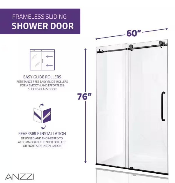Anzzi SD-AZ13-02BN-T Madam Shower Door 60" x 76" Sliding Frameless Tinted Glass Brushed Nickel New