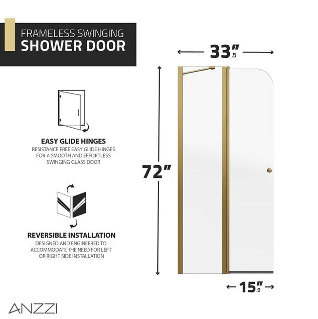Anzzi SD-AZ14-01BG Romance Shower Door 72" x 33.5" Frameless Swinging Tempered Glass New