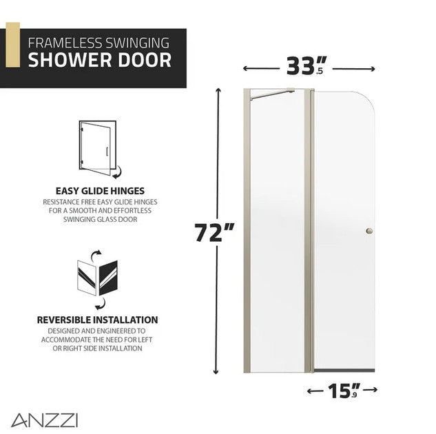 Anzzi SD-AZ14-01BN Romance Shower Door 72" x 33.5" Frameless Swinging Tempered Glass New