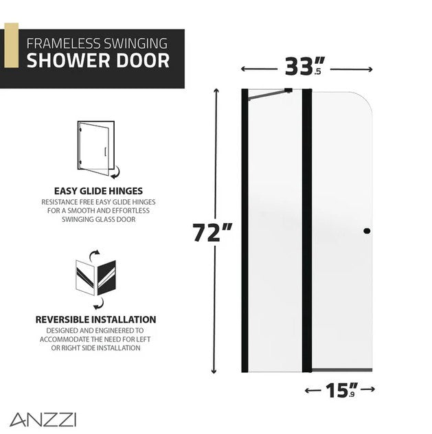 Anzzi SD-AZ14-01MB Romance Shower Door 72" x 33.5" Frameless Swinging Tempered Glass New