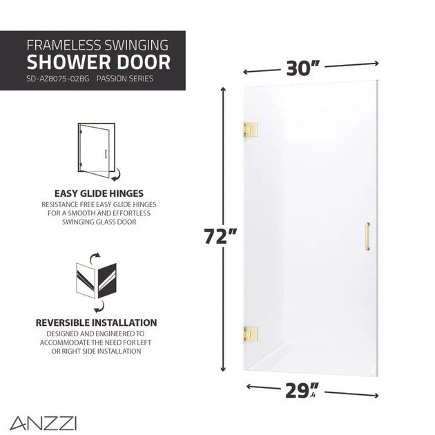 Anzzi SD-AZ09-02BG Fellow Shower Door 30" x 72" Frameless Hinged Tempered Glass Brushed Gold New