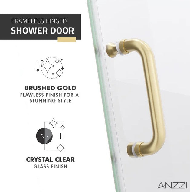 Anzzi SD-AZ09-02BG Fellow Shower Door 30" x 72" Frameless Hinged Tempered Glass Brushed Gold New