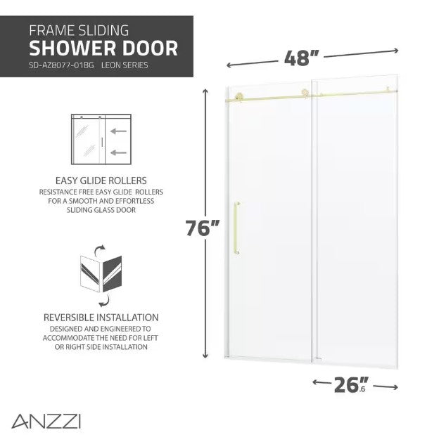 Anzzi SD-AZ8077-01BG Leon Shower Door 48" x 76" Sliding Frameless Tempered Glass New