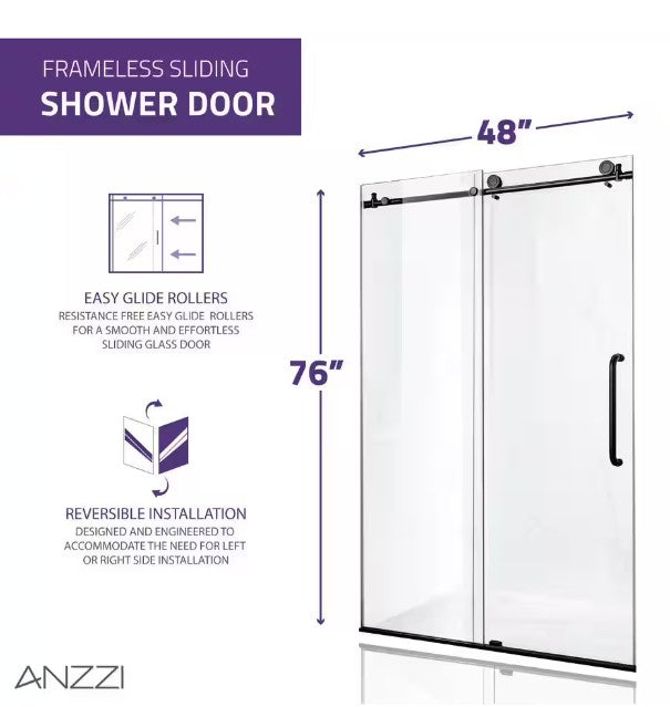 Anzzi SD-AZ8077-01BN Leon Shower Door 48" x 76" Sliding Frameless Tempered Glass New