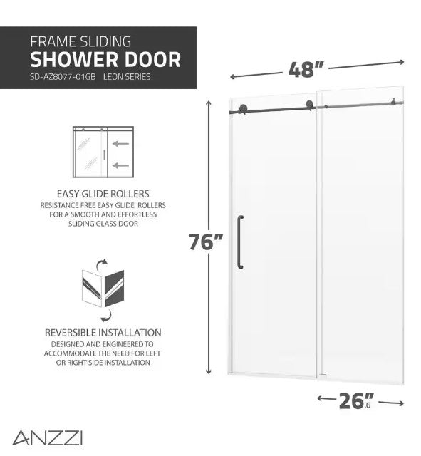 Anzzi SD-AZ8077-01GB Leon Shower Door 48" x 76" Sliding Frameless Tempered Glass New