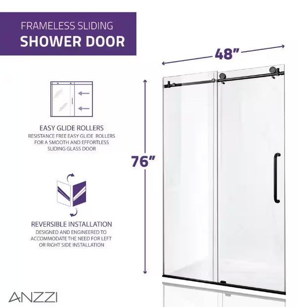 Anzzi SD-AZ13-01MB Madam Shower Door 48" x 76" Sliding Frameless Tempered Glass Matte Black New