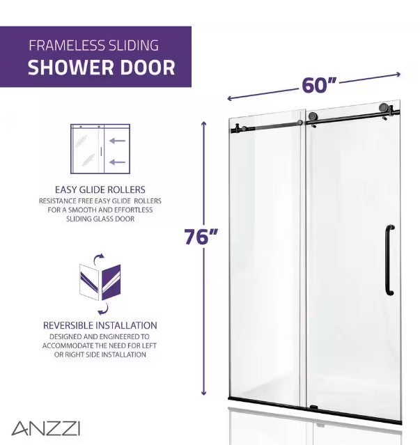 Anzzi SD-AZ8077-02MB Leon Shower Door 60" x 76" Sliding Frameless Tempered Glass New
