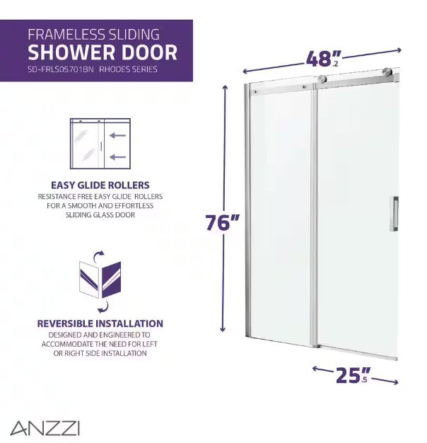 Anzzi SD-FRLS05701BN Rhodes Shower Door 48" x 76" Sliding Frameless Tempered Glass New
